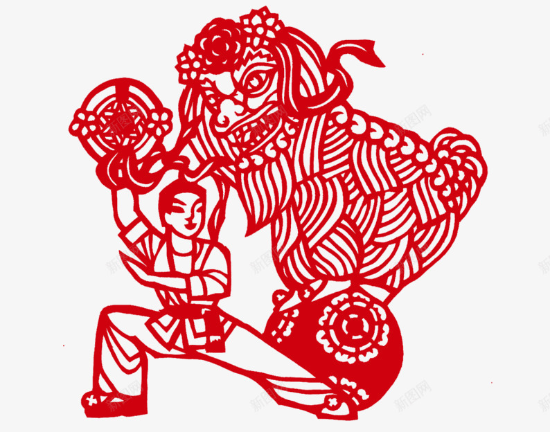 舞狮剪纸png免抠素材_新图网 https://ixintu.com 中国风 剪纸 卡通人物 狮子 红色剪纸 舞狮