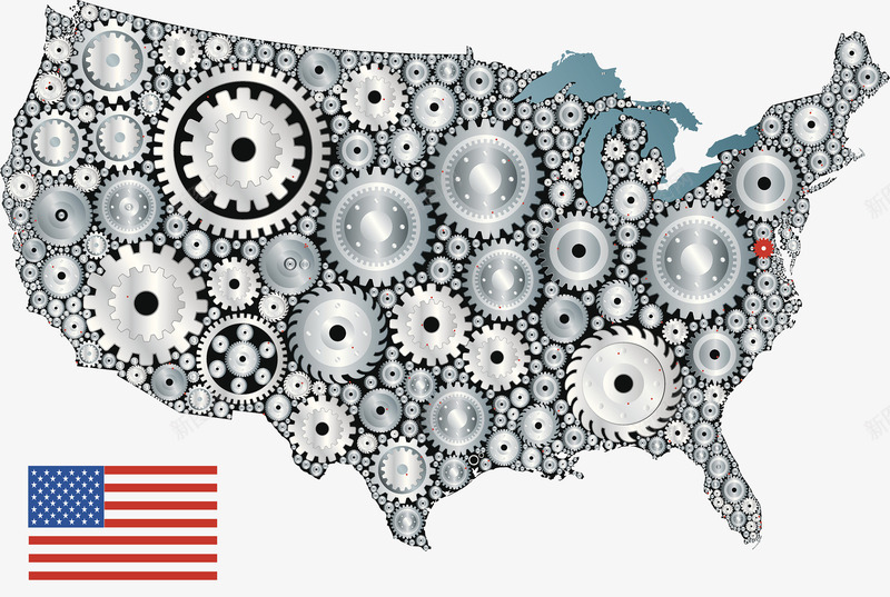 美国工业大国png免抠素材_新图网 https://ixintu.com 北美地图 工业大国 美国国旗 齿轮