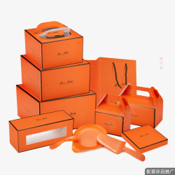 产品实物袋子手提袋橘色蛋糕盒高清图片