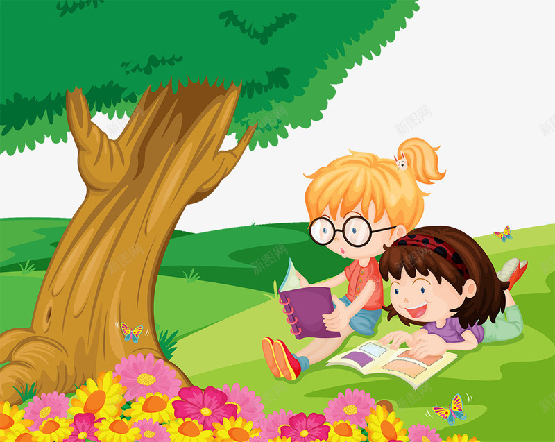 可爱卡通插图草地上读书的孩子们png免抠素材_新图网 https://ixintu.com 卡通插图 卡通插画 可爱 小女孩 草地上 草地上的人 读书