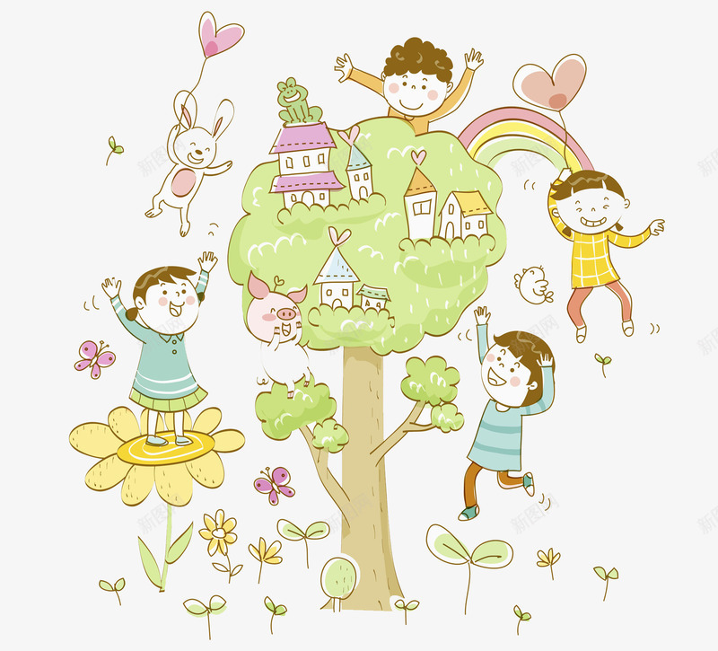 大树上的孩子乐园png免抠素材_新图网 https://ixintu.com 创意 卡通 城堡 大树 女孩 小白兔 彩虹 手绘 爱心 男孩 花朵