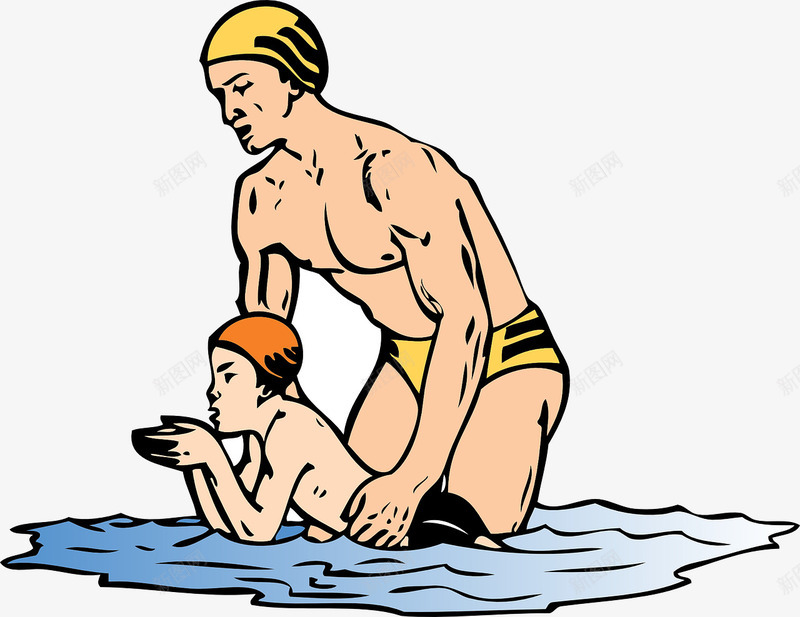 学游泳的儿童png免抠素材_新图网 https://ixintu.com 卡通 大人 孩子 手绘 水 泳帽 简图 蓝色的 黄色的