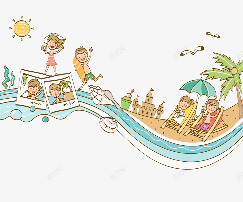 夏天在水边拍照png免抠素材_新图网 https://ixintu.com 卡通 夏天 太阳 女孩 拍照 椰子树 沙滩 炎热 照片 男孩