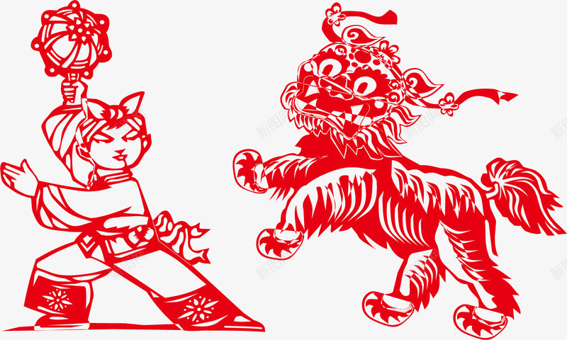 红色新年剪纸png免抠素材_新图网 https://ixintu.com 中国风 人物 剪纸 狮子 红色剪纸 舞狮人