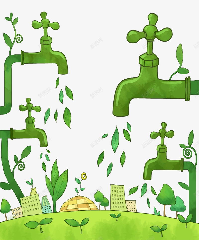 节约用水图标png_新图网 https://ixintu.com 停水 树叶 水龙头 环保图标 用水 绿色 绿色环保 节约