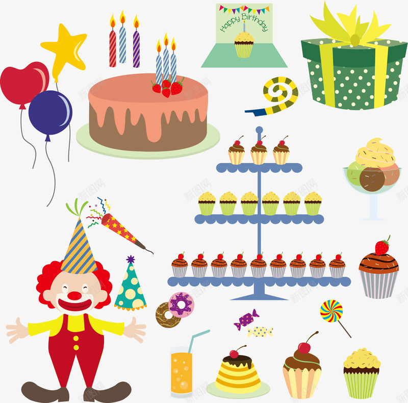 生日卡通png免抠素材_新图网 https://ixintu.com 卡通生日 小丑 气球 生日 礼物 蛋糕