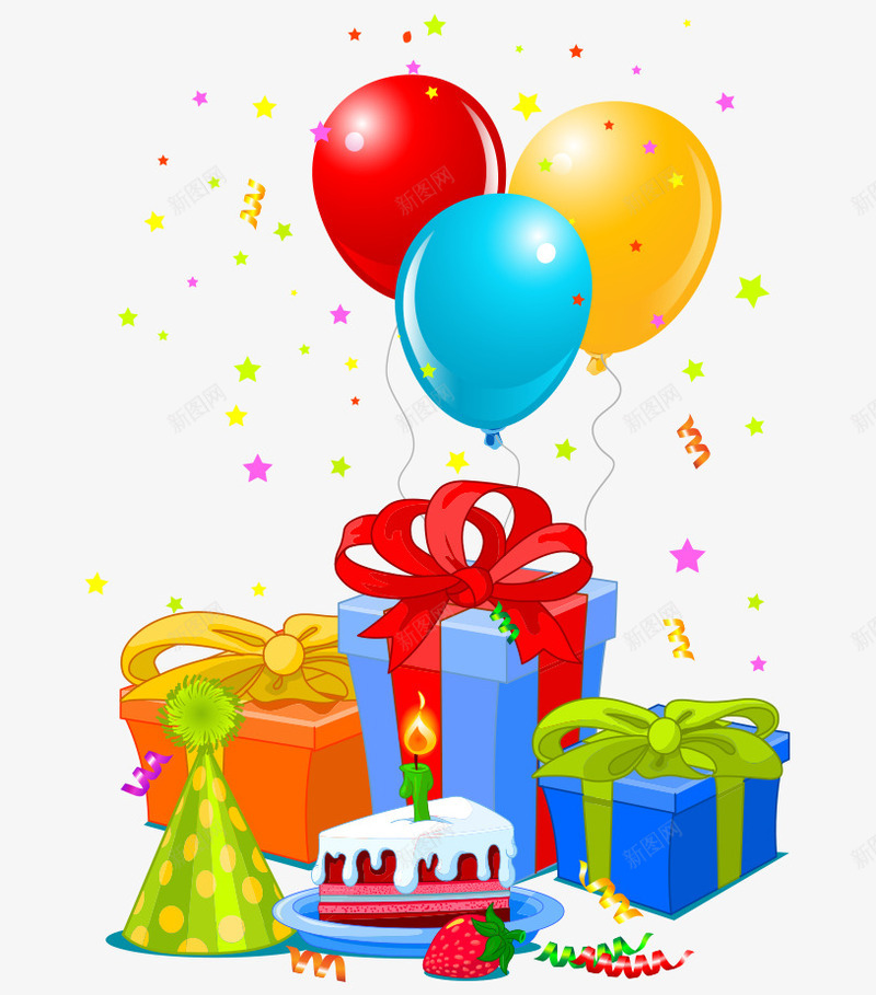 卡通手绘生日装饰气球礼物蛋糕png免抠素材_新图网 https://ixintu.com 卡通的礼物 手绘的气球 手绘的蛋糕 装饰的气球