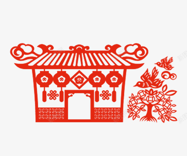 手绘中国风红色剪纸房子和树png免抠素材_新图网 https://ixintu.com 中国风 手绘中国风红色剪纸房子和树 手绘房子 红色