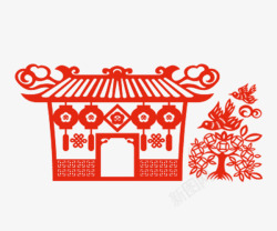 手绘中国风红色剪纸房子和树素材