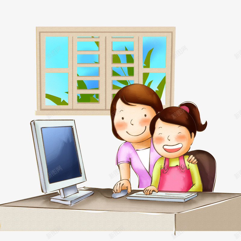 妈妈教孩子玩电脑png免抠素材_新图网 https://ixintu.com 女孩 妈妈 孩子 手绘 电脑