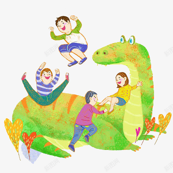 恐龙和孩子png免抠素材_新图网 https://ixintu.com 卡通 孩子 恐龙 玩耍