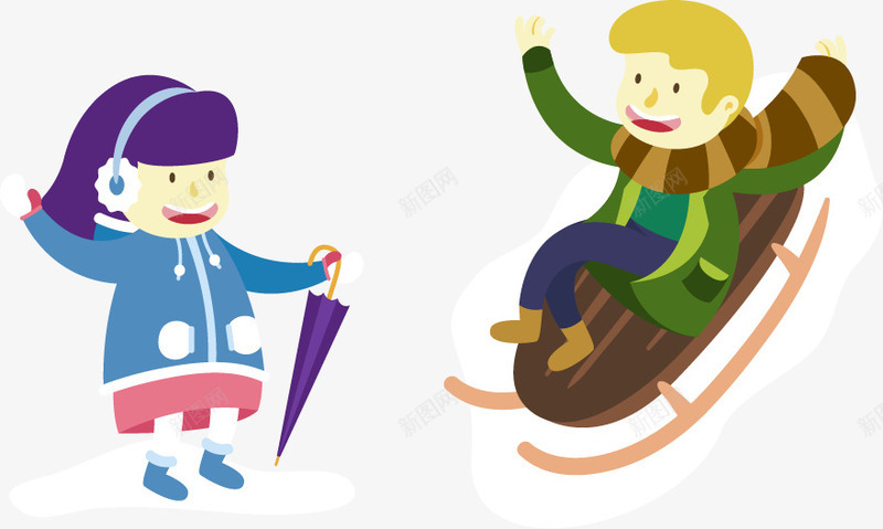 两个开心的孩子矢量图ai免抠素材_新图网 https://ixintu.com 免扣png 免扣png素材 免费png素材 滑雪车的孩子 绿色外套的男孩 蓝色外套的女孩 矢量图