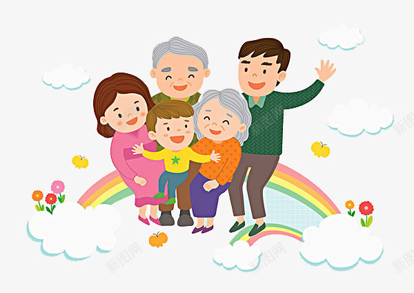 手绘坐在彩虹上的一家人的png免抠素材_新图网 https://ixintu.com 三世同堂 卡通手绘 孩子 家人 开心 温馨的画面 爷爷奶奶
