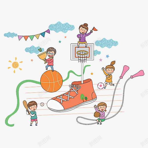快乐的孩子png免抠素材_新图网 https://ixintu.com 卡通 奖杯 快乐的 棒球 简笔 篮球 跳绳 鞋子