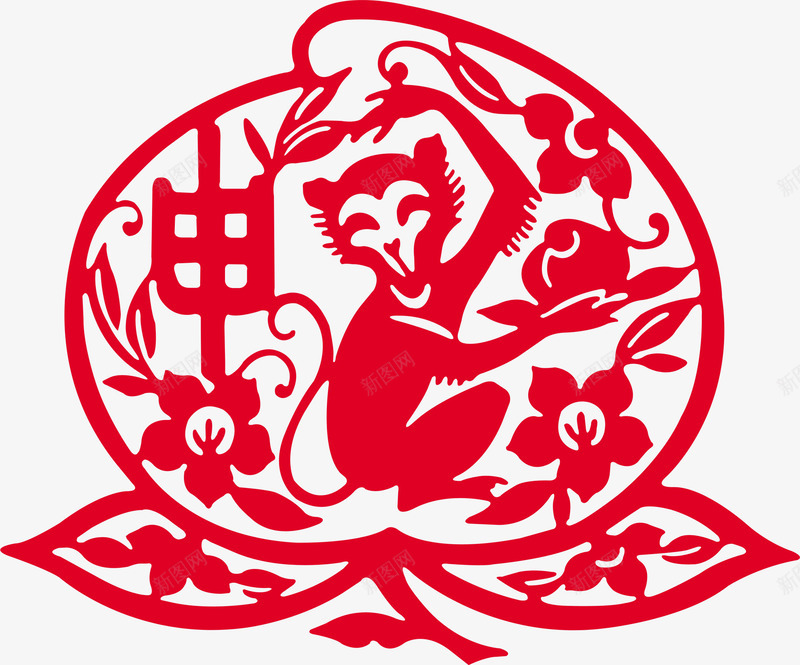 中国风猴子红色剪纸png免抠素材_新图网 https://ixintu.com 剪纸 国风 猴子 红色