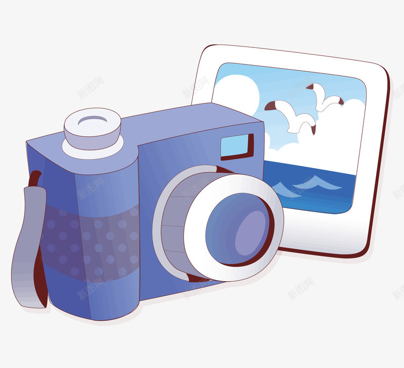 一台蓝色的相机和一张照片png免抠素材_新图网 https://ixintu.com 卡通 卡通照片 大海 海景照片 海鸟 蓝天 蓝色的相机