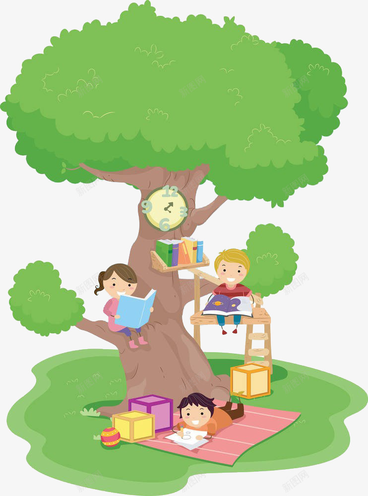 在树下学习png免抠素材_新图网 https://ixintu.com 书本 大树 学习 孩子