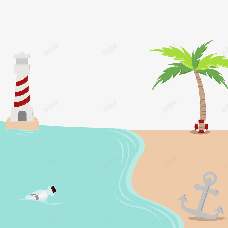 夏日海边风景png免抠素材_新图网 https://ixintu.com 沙滩 海边 漂流瓶 灯塔