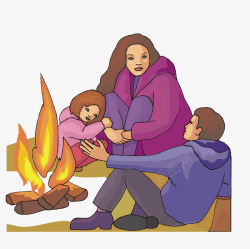 围在一起烤火的父母和孩子素材