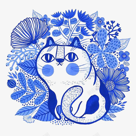 蓝色小猫png免抠素材_新图网 https://ixintu.com 创意插画 剪纸 植物 猫咪 蓝色