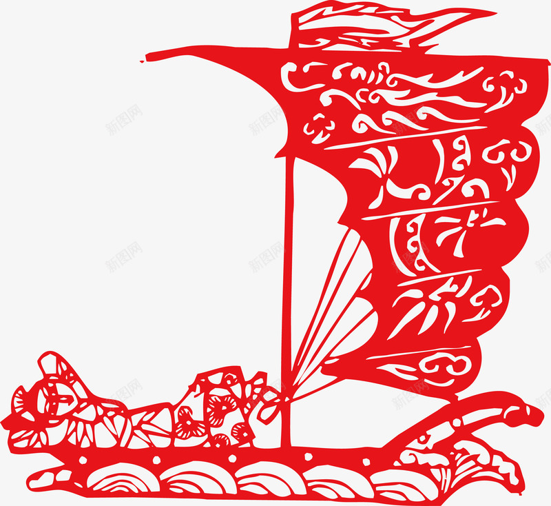 传统剪纸红色船png免抠素材_新图网 https://ixintu.com 传统文化 剪纸 古船 红色 船