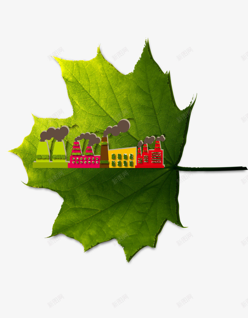 绿叶上的城市png免抠素材_新图网 https://ixintu.com 城市污染 树叶 烟囱 环保