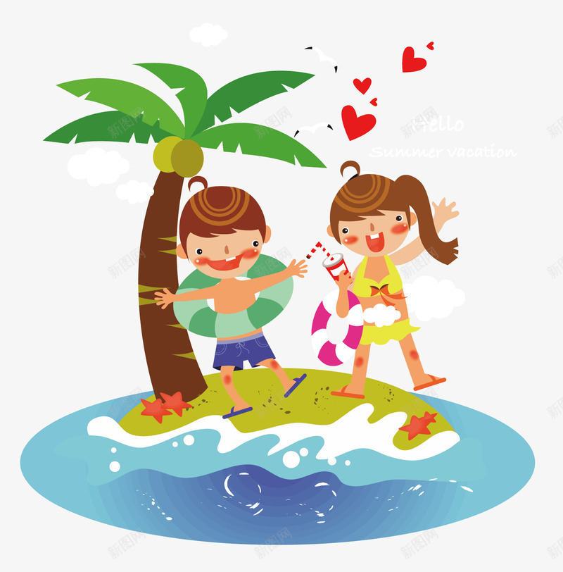 在小岛上的孩子矢量图ai免抠素材_新图网 https://ixintu.com 两个孩子 夏天 椰子树 绿色泳圈 蓝色的大海 黄色头发 矢量图