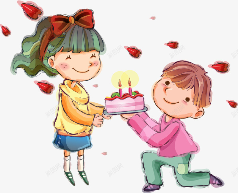 拿着生日蛋糕的男孩png免抠素材_新图网 https://ixintu.com 女孩 手托着蛋糕 手绘人物 生日蛋糕 男孩 跪着的男孩
