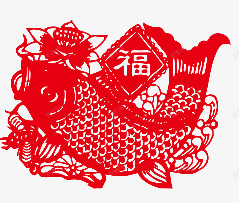 剪纸年年有鱼png免抠素材_新图网 https://ixintu.com 中国风 剪纸鱼 窗花 红色剪纸 装饰图案