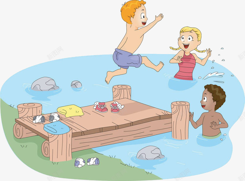 孩子们在河里洗澡png免抠素材_新图网 https://ixintu.com 卡通 孩子们 河里 洗澡