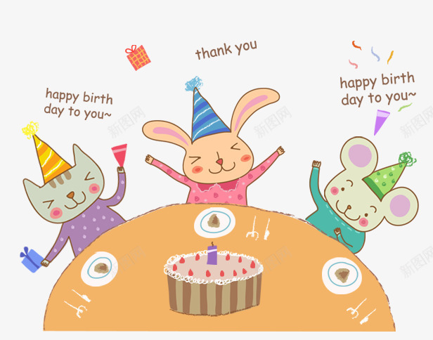 开生日派对的小动物png免抠素材_新图网 https://ixintu.com 开生日派对的小动物 生日蛋糕 祝福