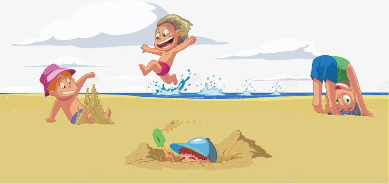沙滩上的孩子矢量图ai免抠素材_新图网 https://ixintu.com 儿童 卡通插图 卡通素材 大海 快乐 沙滩 浪花 玩耍 矢量图