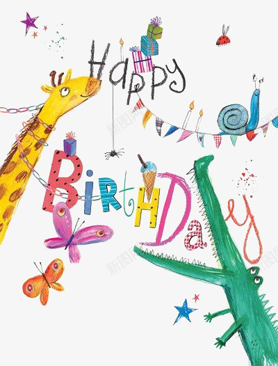 生日快乐png免抠素材_新图网 https://ixintu.com 儿童插画 动物 卡通 彩色 生日快乐 英文