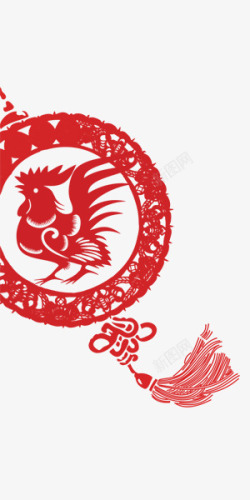 红色喜庆雄鸡剪纸中国结素材
