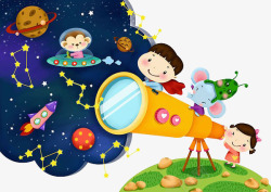 孩子用望远镜看星球素材
