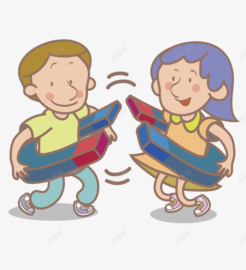 拿磁铁的孩子png免抠素材_新图网 https://ixintu.com 卡通 女孩 对话 手绘 插画 水彩 男孩 磁铁