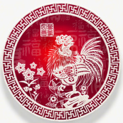 中国风红色喜庆公鸡剪纸装饰图案素材
