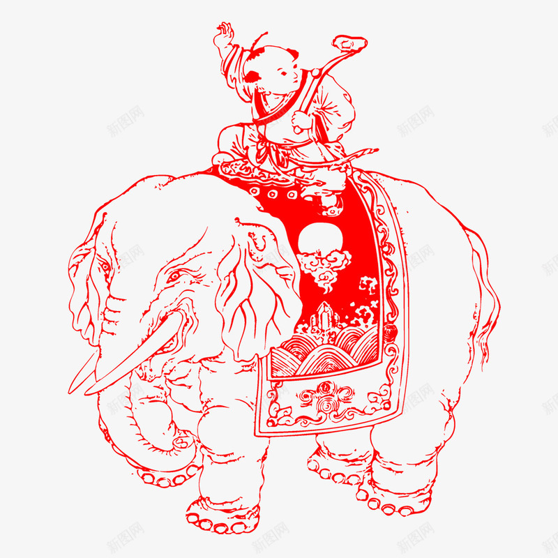 骑着大象的牧童png免抠素材_新图网 https://ixintu.com 中国风 剪纸 大象 牧童