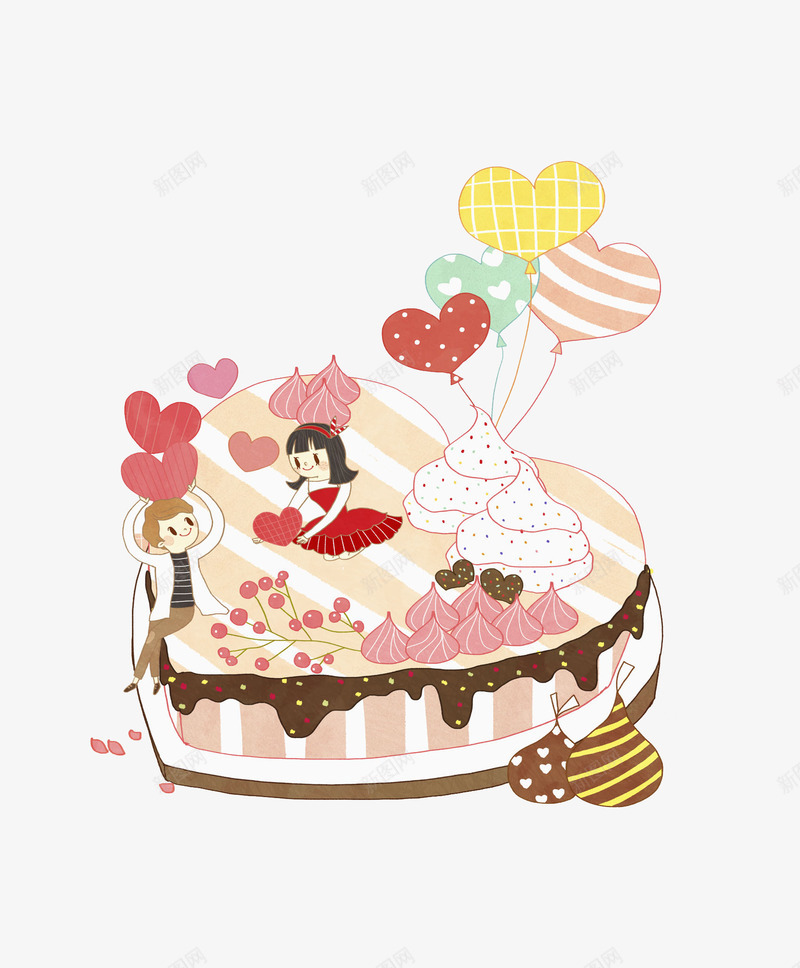 卡通爱心上的情侣图png免抠素材_新图网 https://ixintu.com 巧克力 恩爱的 情侣 插图 气球 浪漫的 爱心 生日蛋糕