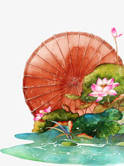 棕色中国风雨伞莲花装饰图案素材