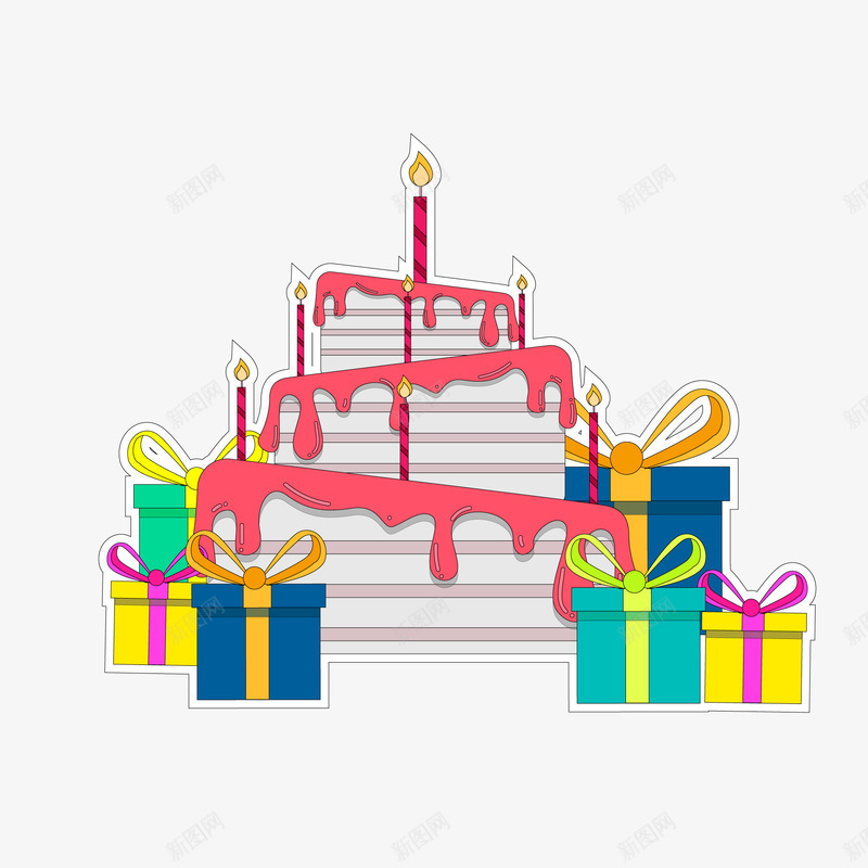 彩色生日蛋糕和礼盒贴纸png免抠素材_新图网 https://ixintu.com 卡通 生日快乐 生日蛋糕 礼物盒 蜡烛 贴纸设计