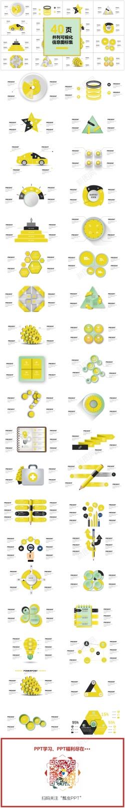 黄色花纹00140页黄色并列可视化图表集PPT模板