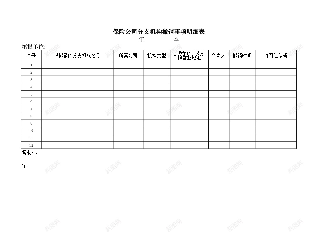 保险公司分支机构撤销事项明细表办公Excel_新图网 https://ixintu.com 事项 保险公司 分支 撤销 明细表 机构