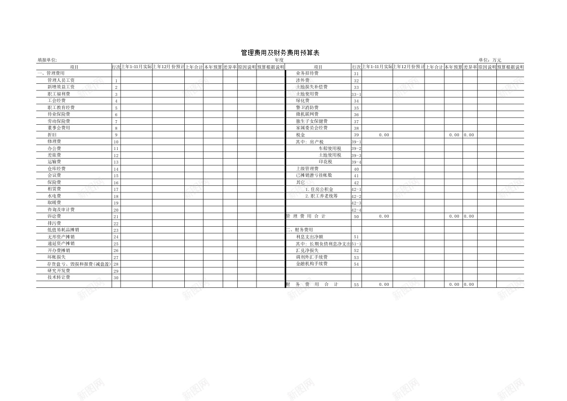 管理费用及财务费用预算表办公Excel_新图网 https://ixintu.com 管理费用 财务 费用 预算