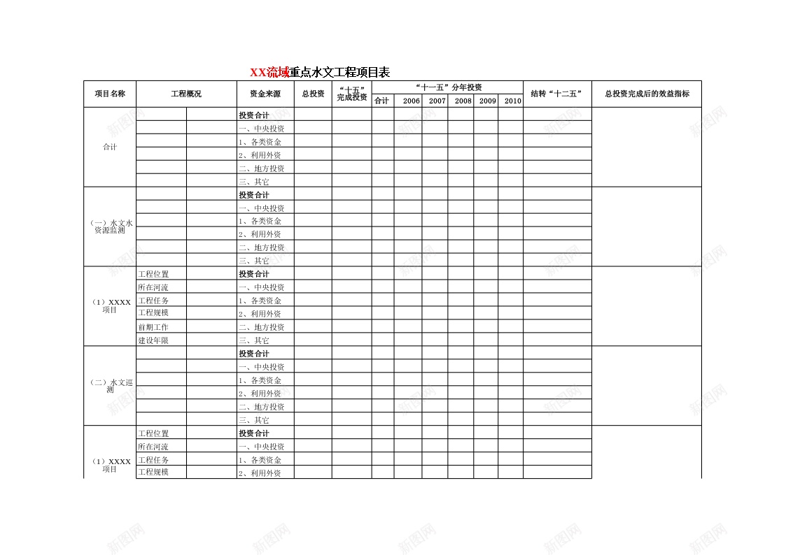 流域重点水文工程项目表办公Excel_新图网 https://ixintu.com 工程 工程项目 水文 流域 重点 项目表