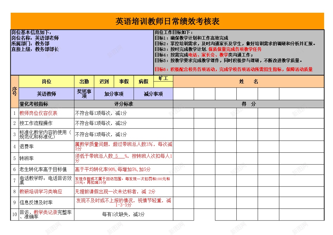 英语培训教师日常绩效考核表办公Excel_新图网 https://ixintu.com 教师 日常 绩效 绩效考核PPT 考核表 英语培训