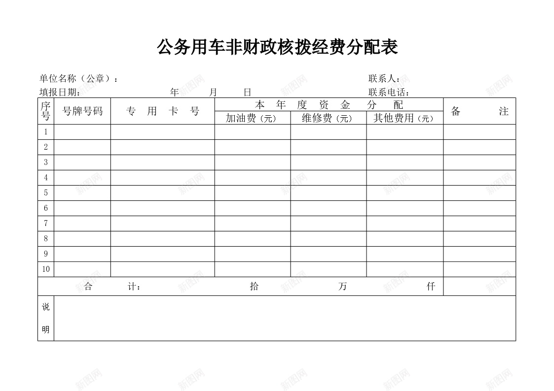 公务用车非财政核拨经费分配表办公Excel_新图网 https://ixintu.com 公务用车 分配 核拨 经费 财政