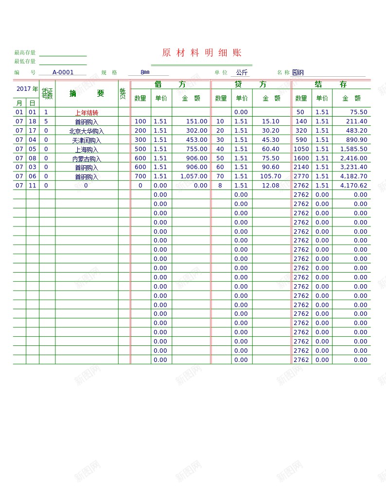 00原材料明细账办公Excel_新图网 https://ixintu.com 原材料 明细账