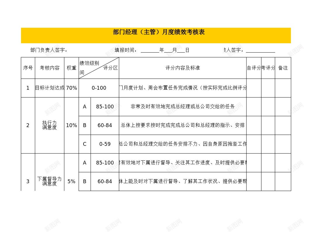 部门经理月度绩效考核表办公Excel_新图网 https://ixintu.com 月度 经理 绩效 绩效考核PPT 考核表 部门