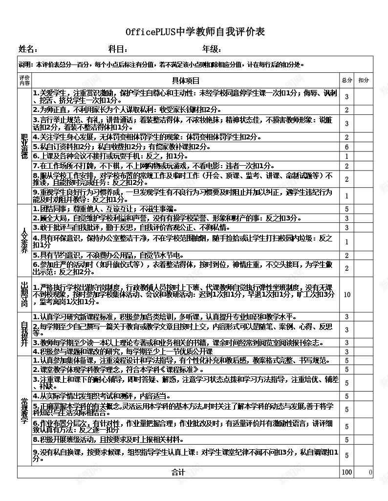 教师自我评价表Excel图表模板办公Excel_新图网 https://ixintu.com 图表 教师 模板 自我 评价表